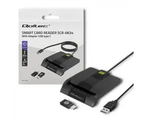 Qoltec 50634 Chytrá čtečka čipových karet 1m černá / USB 2.0 / USB - C adapter / LED Dioda