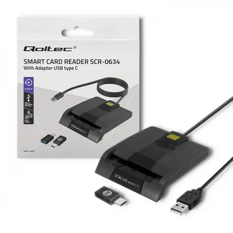 Qoltec 50634 Chytrá čtečka čipových karet 1m černá / USB 2.0 / USB - C adapter / LED Dioda