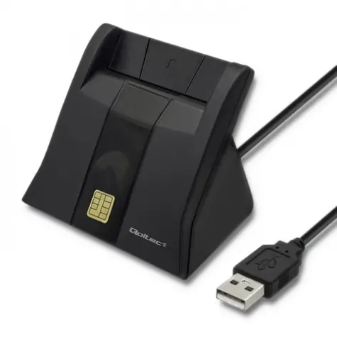 Qoltec 50643 Chytrá čtečka čipových karet 1m černá / USB 2.0 / USB-C 3.0 adaptér / LED Dioda